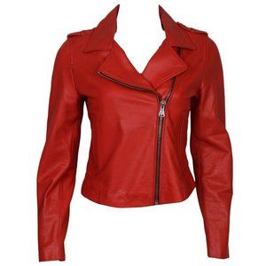 Women's Hot Red Cropped Leather Biker Jacket